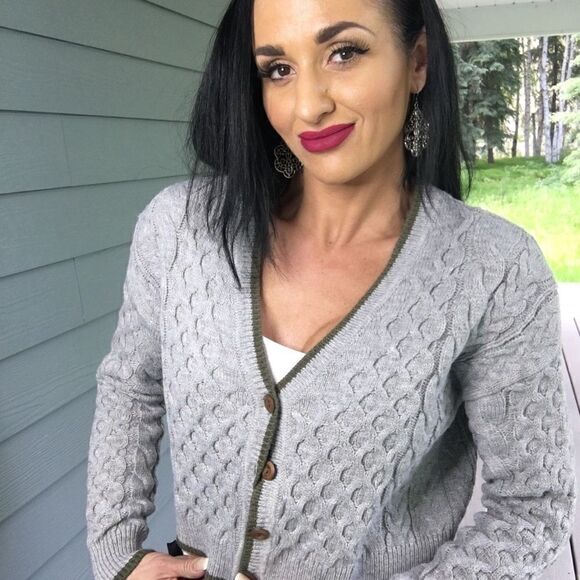 BDG grey green crop fuzzy cardigan sweater - Picture 1 of 8